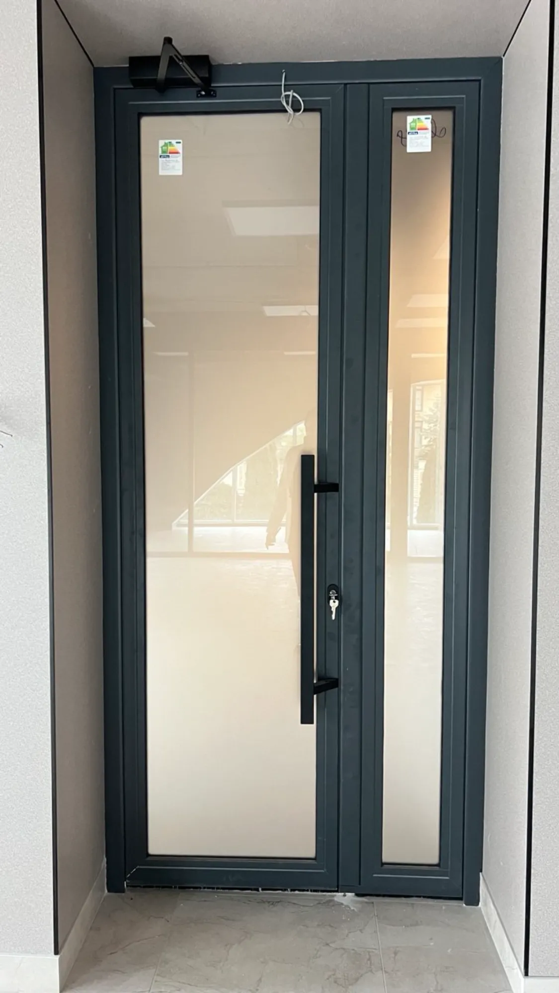 Ușă aluminiu antracit cu panouri laterale